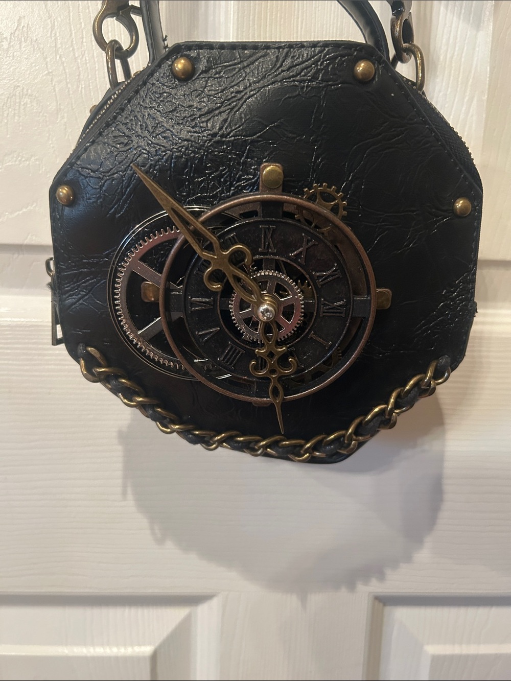 Black Round Crossbody Bag with Chain and Clock Gear Detail